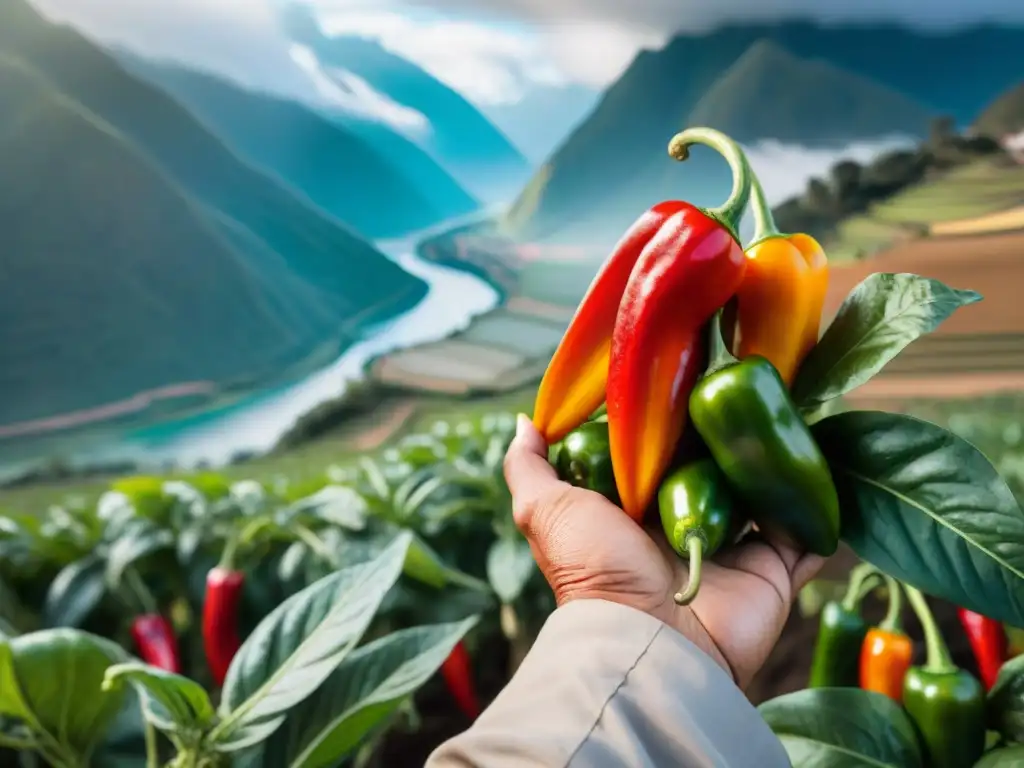 Un campesino peruano cosecha ajíes rojos y verdes bajo el sol andino