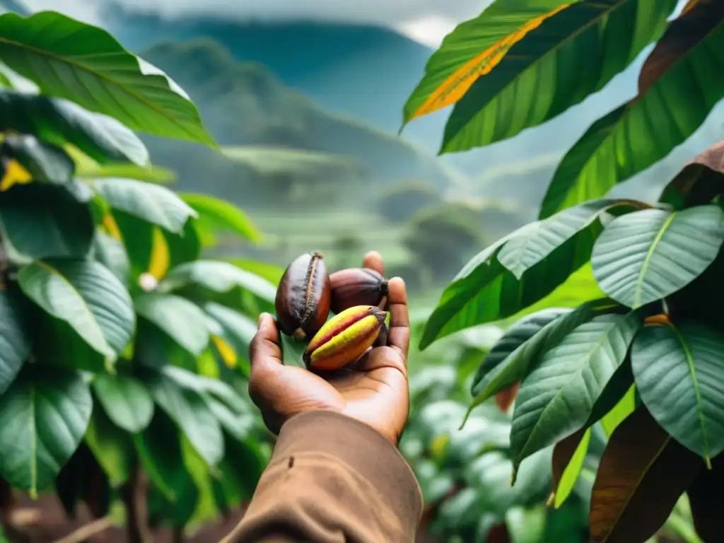 Un campesino peruano cosechando cacao entre árboles altos, revelando granos brillantes