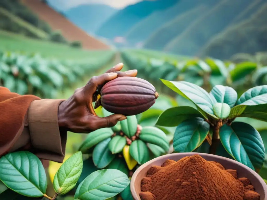 Campesino peruano recolectando cacao en plantación de Cusco