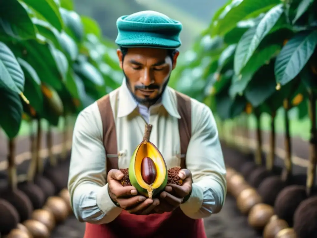 Campesino peruano inspeccionando cacao en plantación exuberante