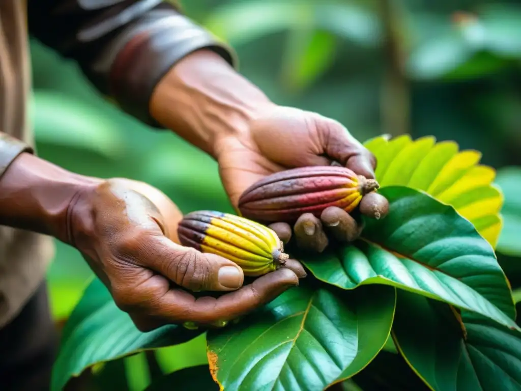 Un campesino peruano cosechando cacao en una plantación exuberante