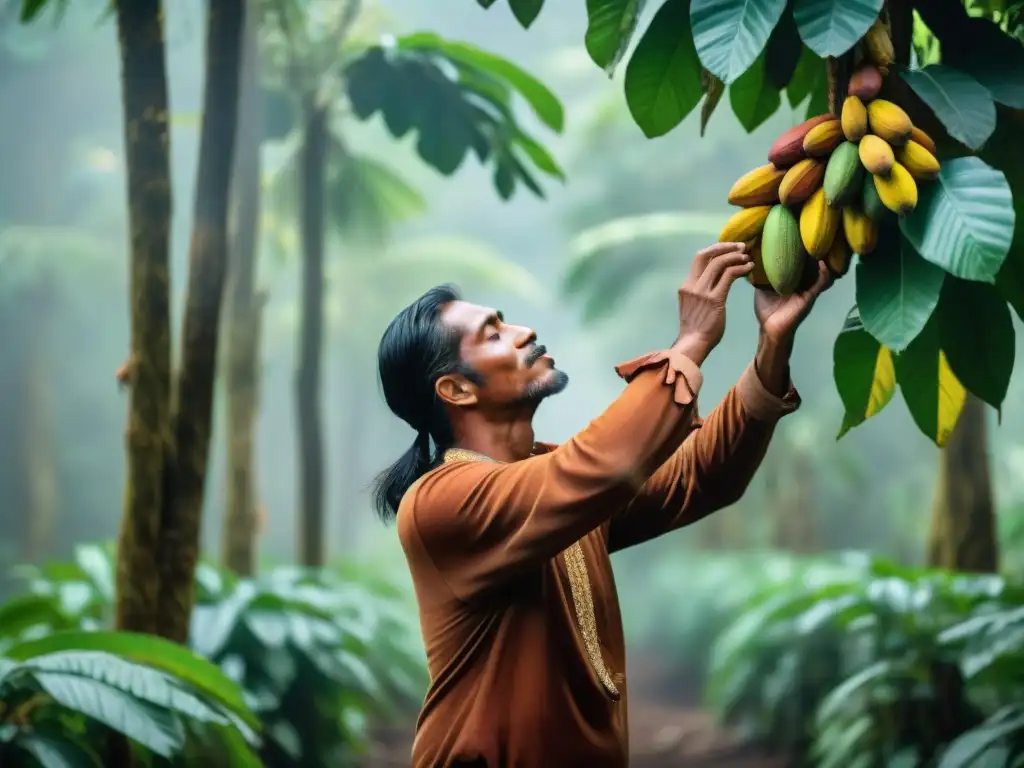 Un campesino peruano cosechando cacao bajo la sombra de la selva amazónica