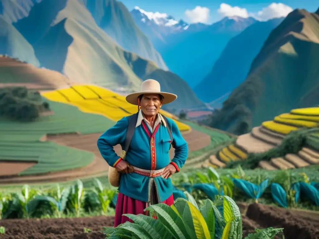 Un campesino peruano en un campo biodiverso de los Andes, demostrando la conexión entre la agricultura sostenible, diversidad y cultura en Perú