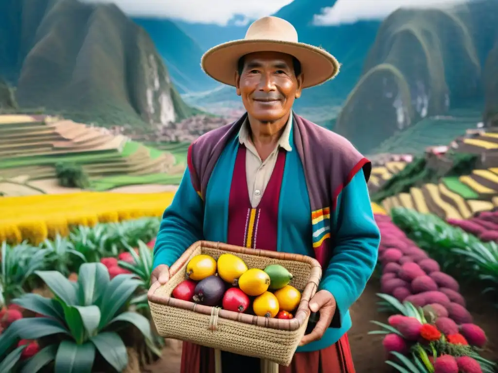 Un campesino peruano sostiene una cesta llena de diversidad de tubérculos peruanos en un campo exuberante, con montañas al fondo