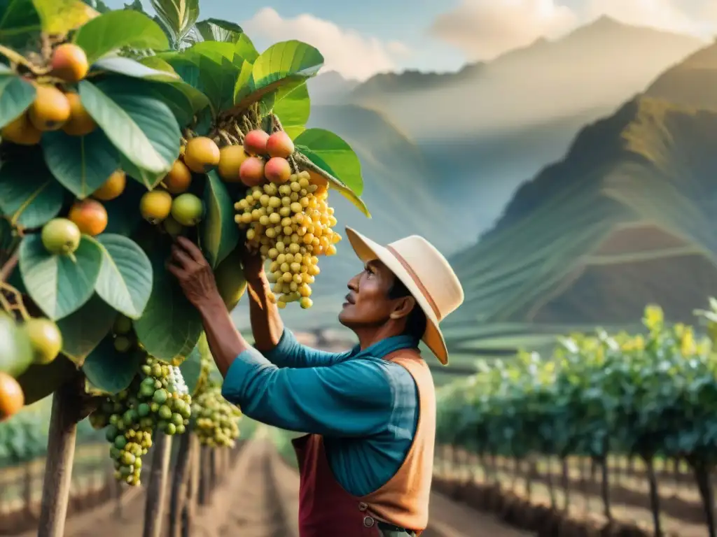 Campesino peruano cosechando chirimoyas en los Andes, preservando el sabor celestial