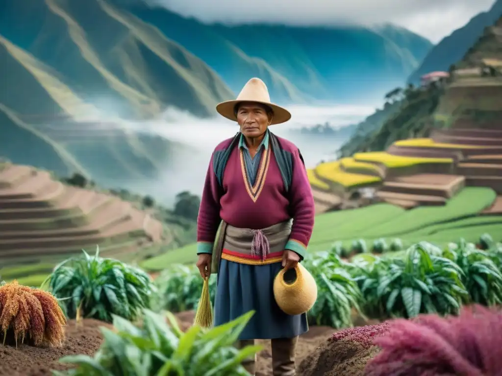 Campesino peruano cuidando cultivos autóctonos en los Andes