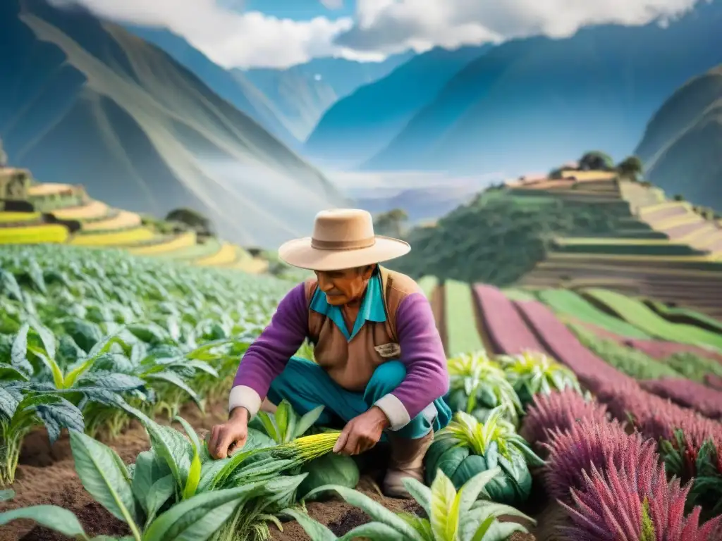 Un campesino peruano cuida sus cultivos de quinua en los Andes, rodeado de biodiversidad