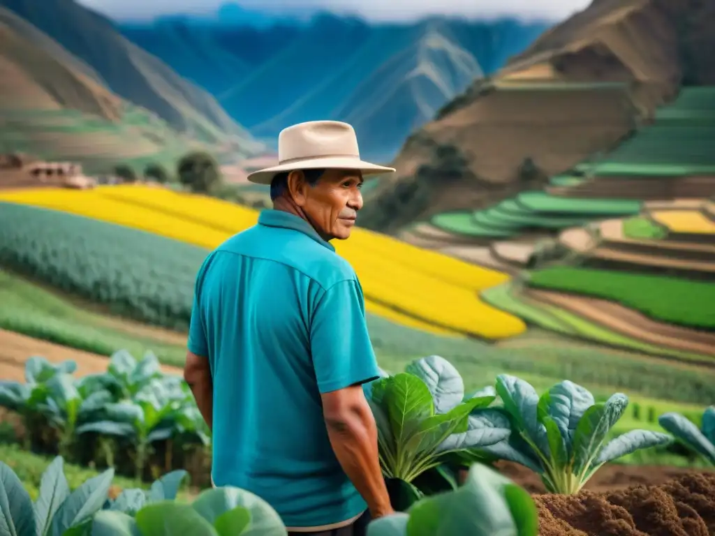 Campesino peruano cuidando cultivos con Técnicas sostenibles en el fértil Valle Sagrado