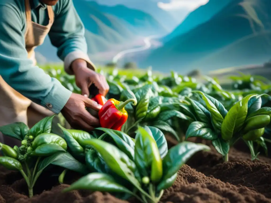 Un campesino peruano cuida con esmero plantas de ají en un campo soleado con los Andes de fondo