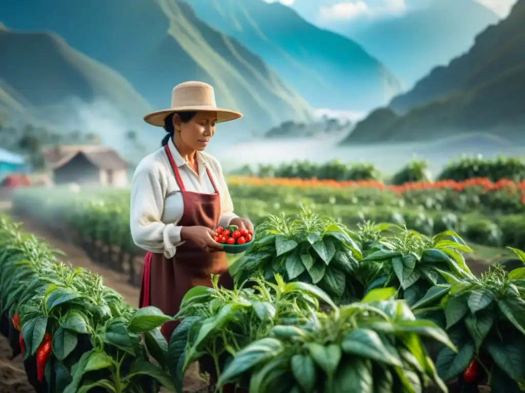 Un campesino peruano cuida con esmero plantas de ají rojo y verde en un campo soleado, con los Andes de fondo