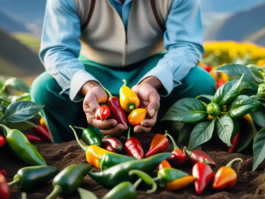 Un campesino peruano selecciona con esmero variedades de ají rojo, amarillo y verde en un campo soleado, con los majestuosos Andes de fondo