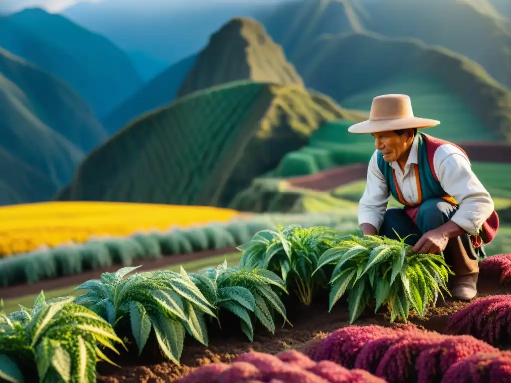 Un campesino peruano preservando la gastronomía peruana en los Andes al atardecer