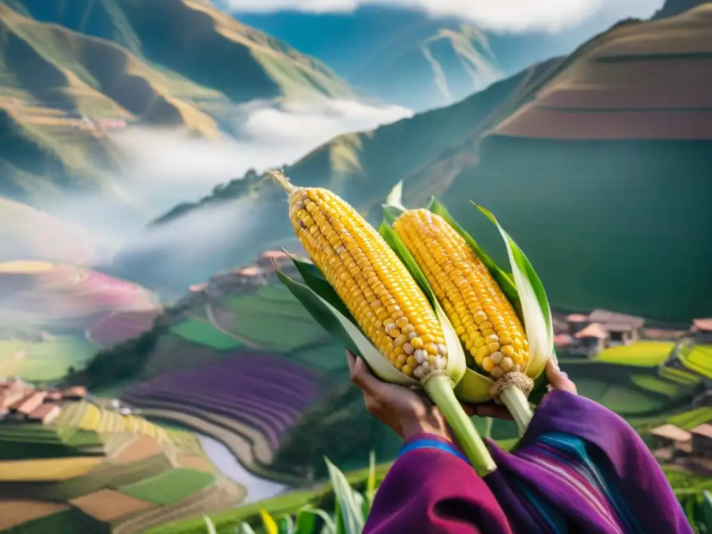 Un campesino peruano en los Andes con un maíz gigante de Cusco y paisajes andinos, destacando la sostenibilidad agrícola