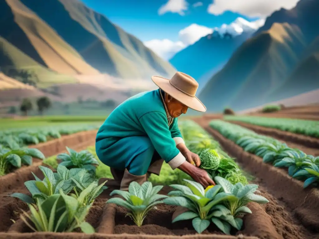 Campesino peruano plantando tarwi en los Andes, destacando la importancia del tarwi en gastronomía peruana