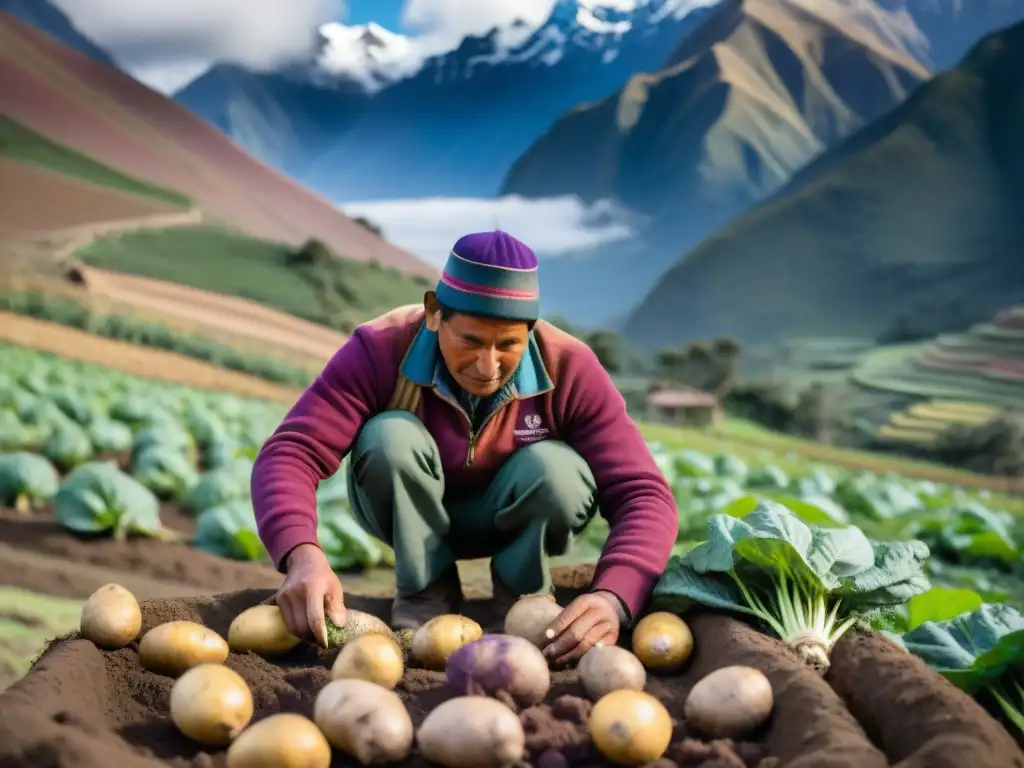 Campesino peruano cosechando mashua morada con los picos nevados de los Andes al fondo