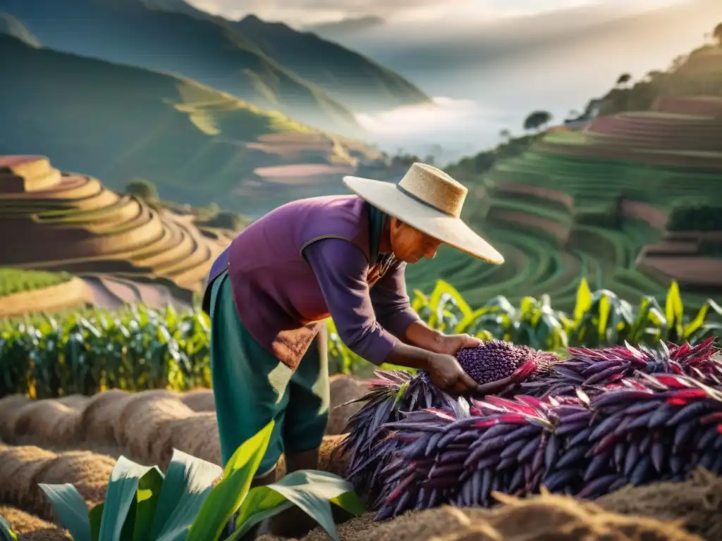 Un campesino peruano recolectando maíz morado al amanecer en los Andes, mostrando la belleza y beneficios del maíz morado peruano