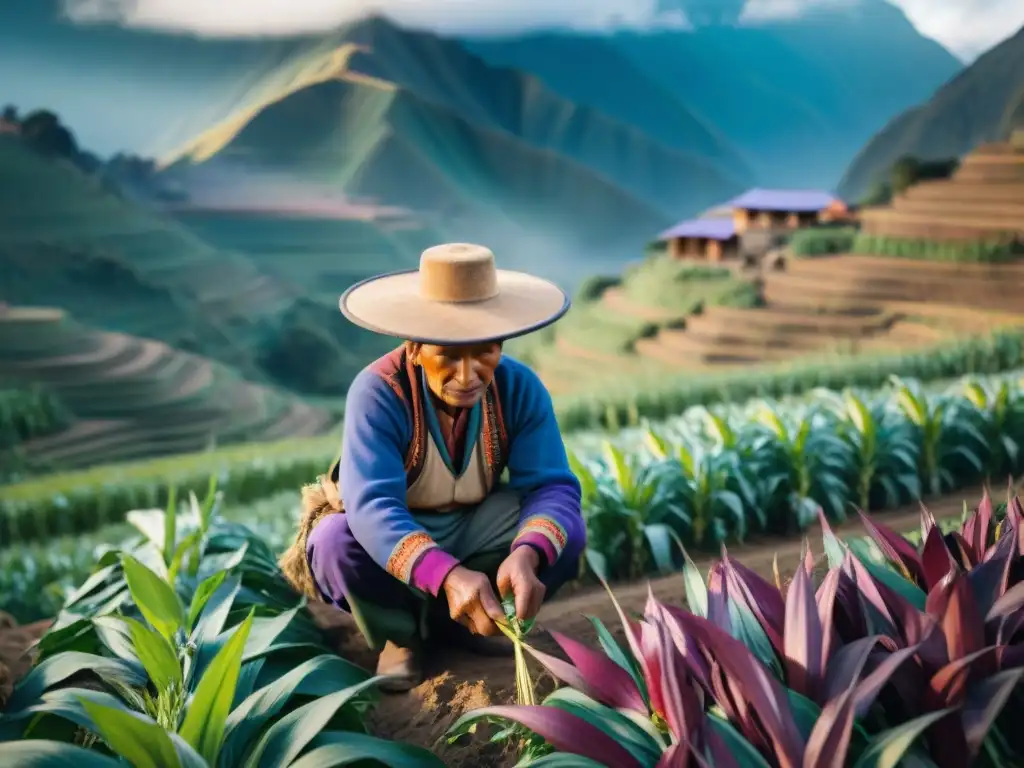 Campesino peruano cuidando maíz morado en los Andes, resalta beneficios maíz morado peruano