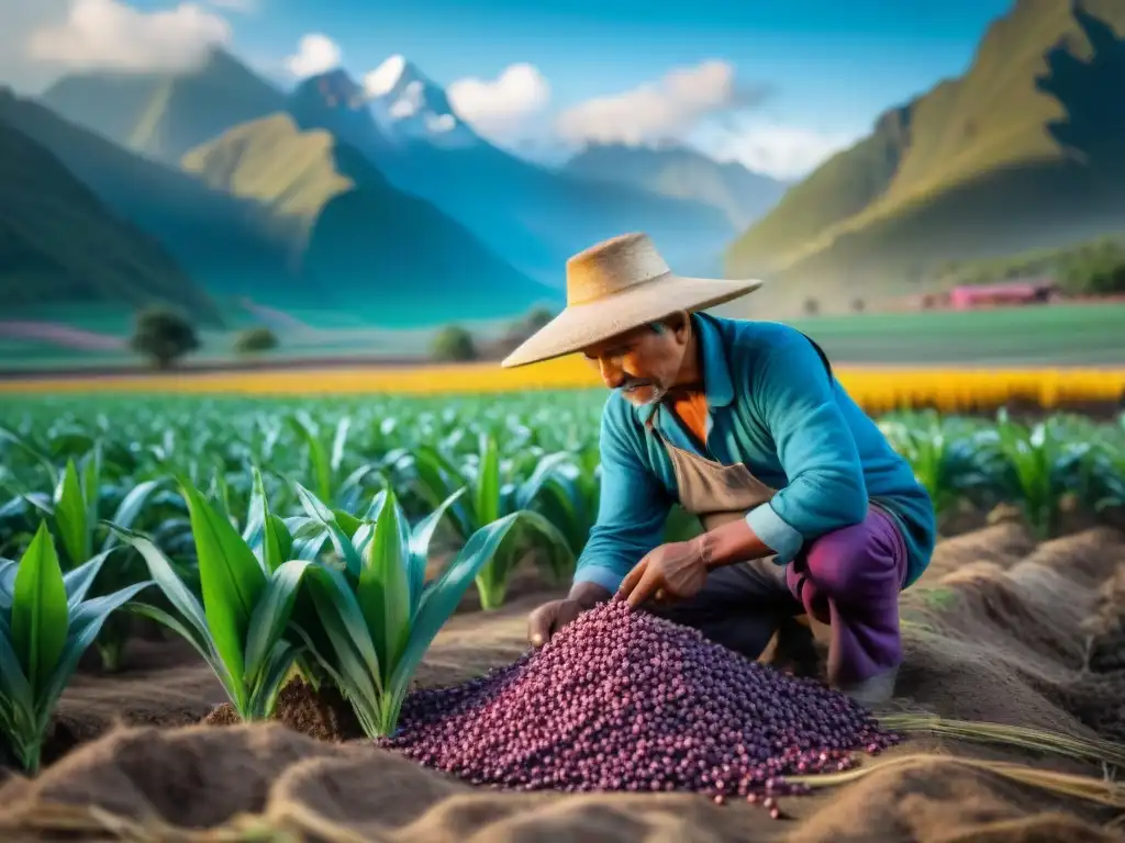 Un campesino peruano cosechando maíz morado en los Andes