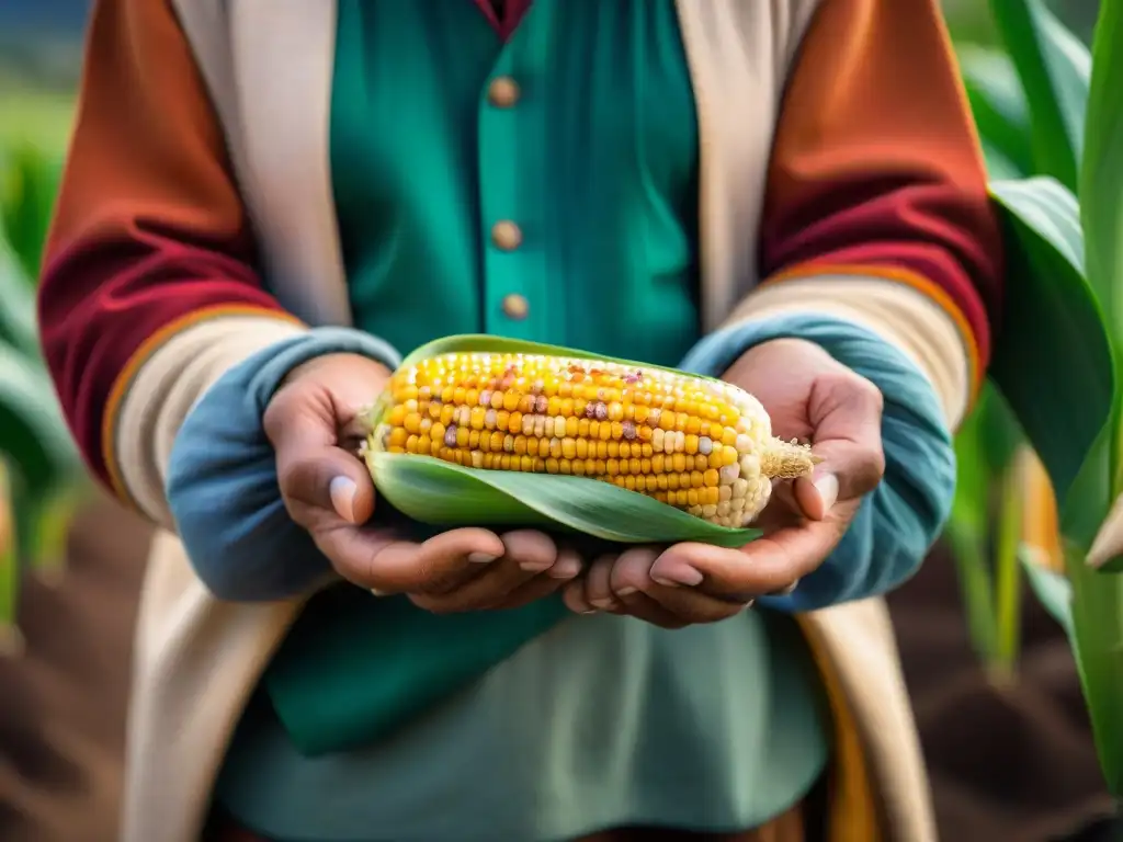 Campesino peruano sostiene maíz nativo, resaltando preservación semillas nativas Perú