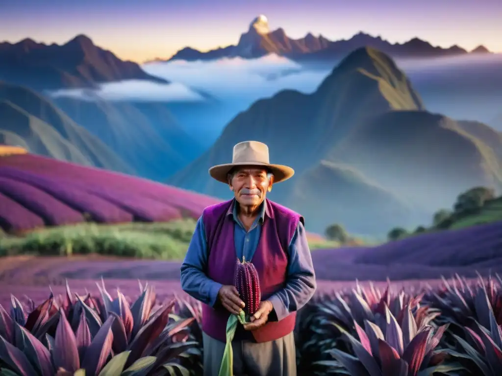 Campesino peruano orgulloso en campo de maíz morado al amanecer, resaltando la gastronomía peruana