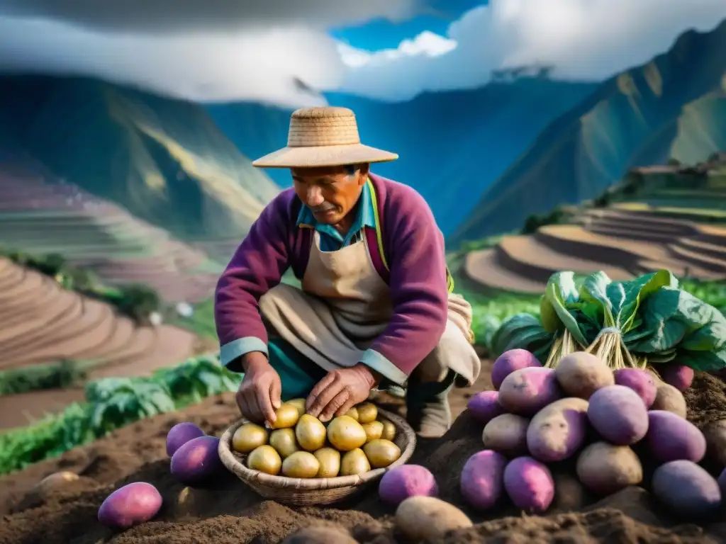 Campesino peruano cosechando papas moradas y amarillas en los Andes