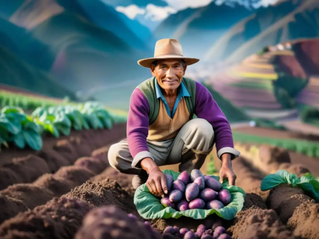 Campesino peruano cosechando papas moradas en los Andes, muestra la esencia de la Gastronomía peruana platos tradicionales