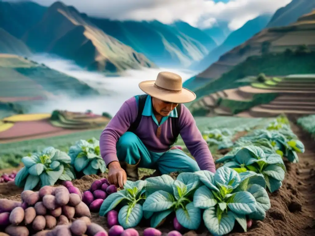 Cosecha de papas moradas en los Andes: tradición peruana Campesino peruano cosechando papas moradas en los Andes, resaltando el estilismo tradicional