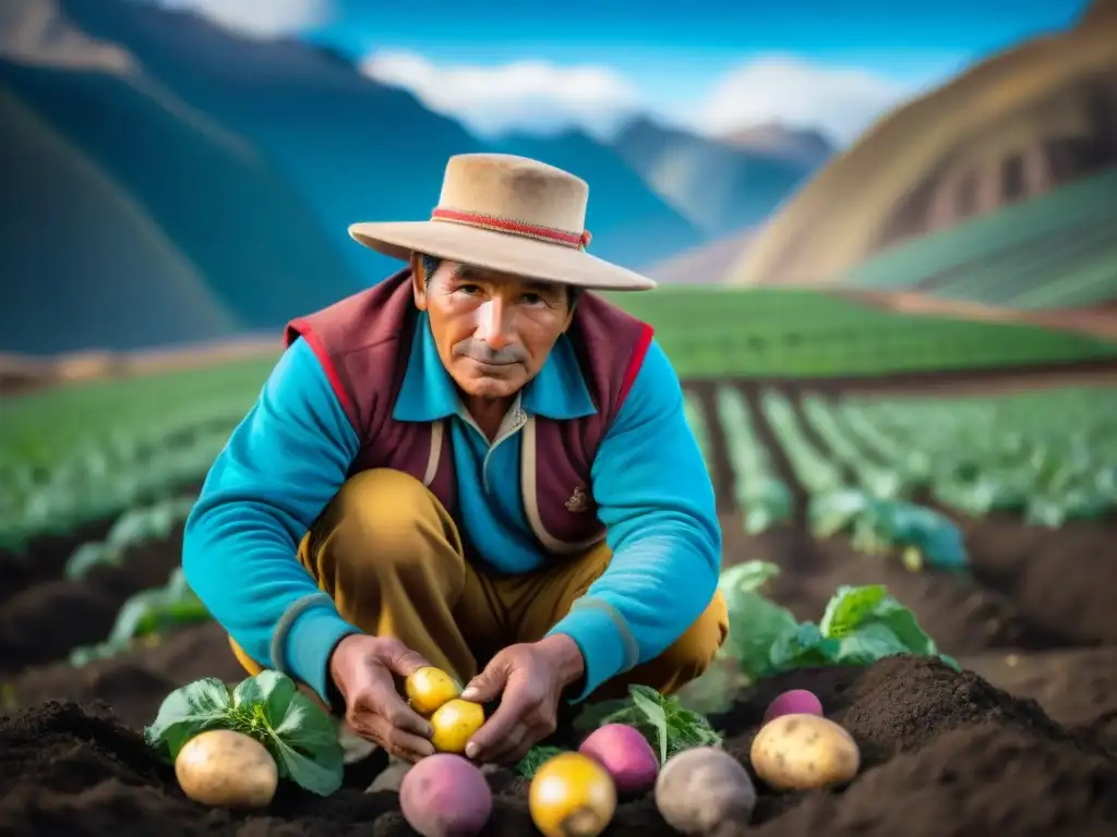 Campesino peruano cuidando papas nativas en los Andes, destacando la conservación ingredientes endémicos gastronomía peruana