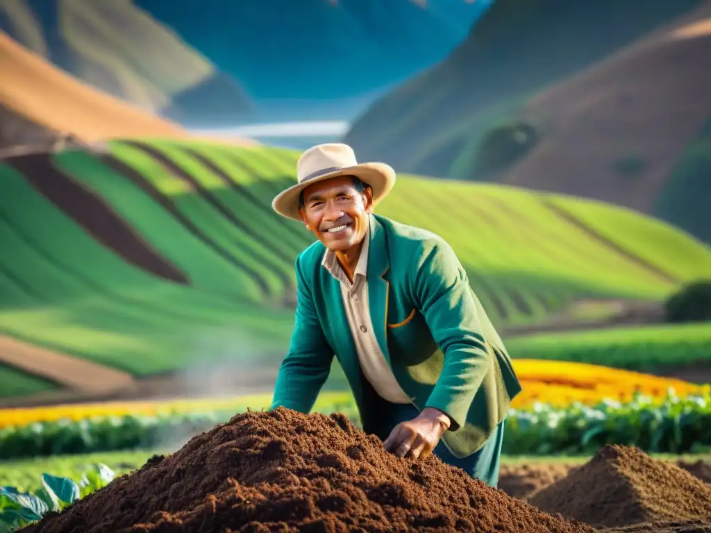 Campesino peruano en prácticas sostenibles de agricultura, volteando compost en campo verde con los Andes de fondo