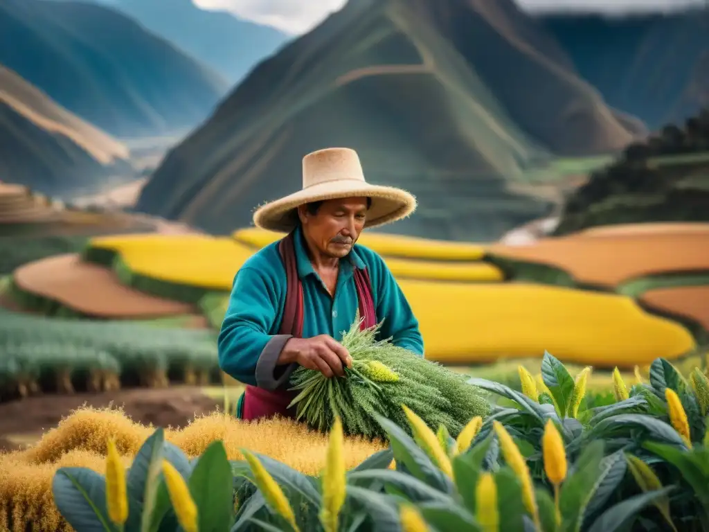 Campesino peruano cosechando quinua en los Andes: tradición ancestral y la importancia de la quinua en Perú