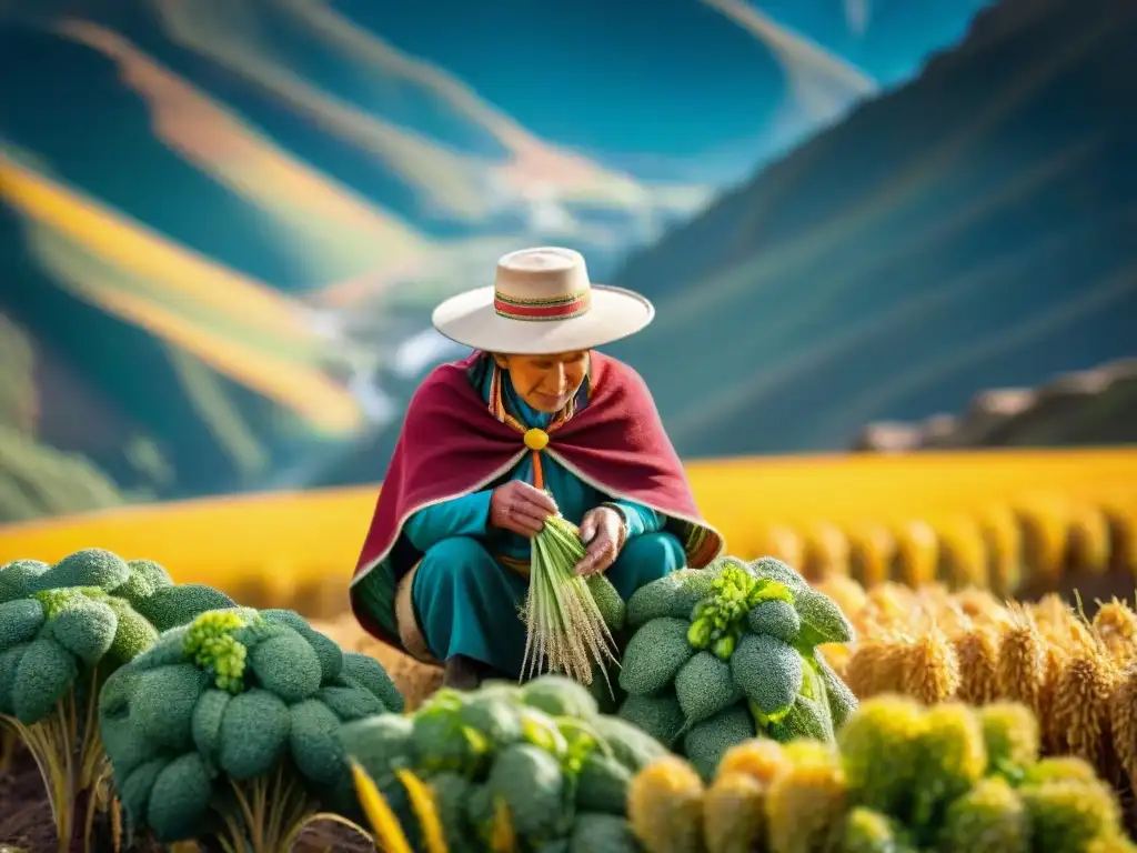 Campesino peruano cosechando quinua en los Andes, resaltando colores vibrantes y paisaje montañoso