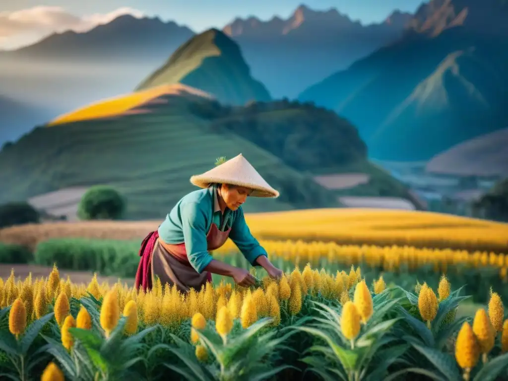 Un campesino peruano cosechando quinua dorada en los Andes al atardecer