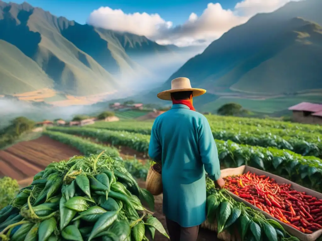 Un campesino peruano selecciona ajíes rojos maduros en los Andes