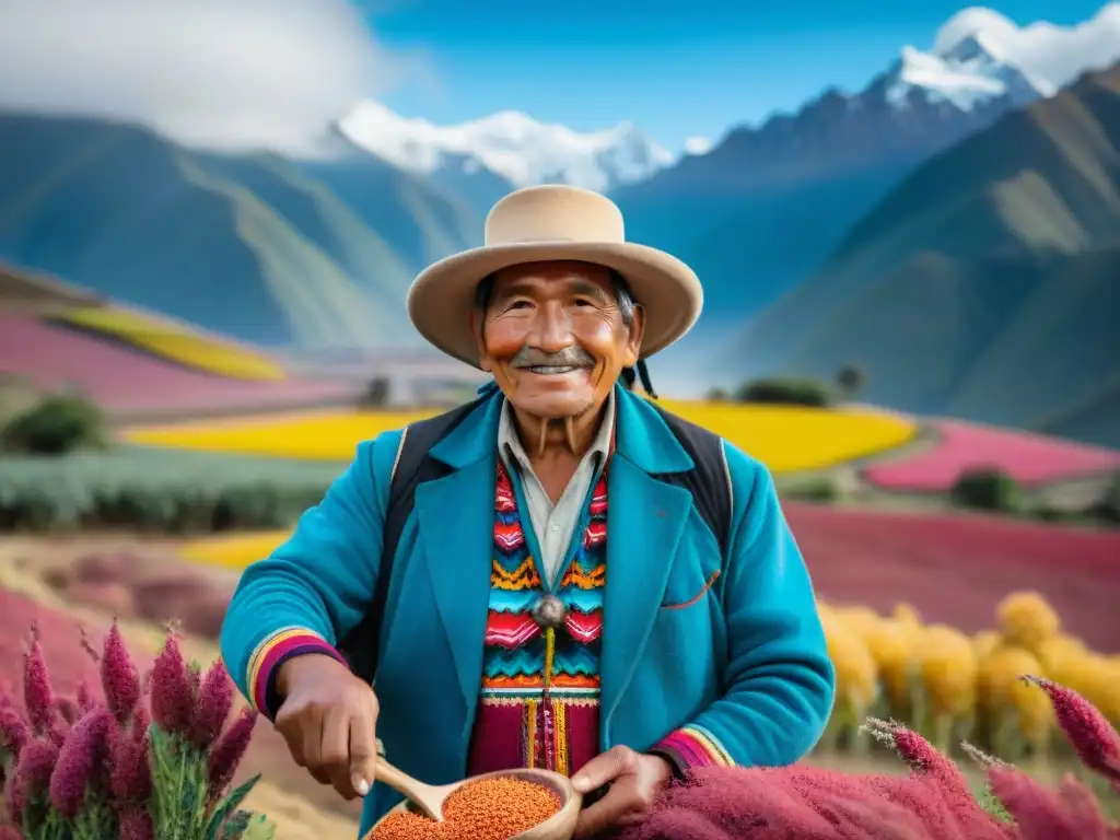 Campesino peruano con semillas de quinua en campo andino