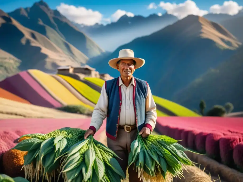 Campesino peruano cosechando supergranos andinos en campos coloridos bajo el sol andino