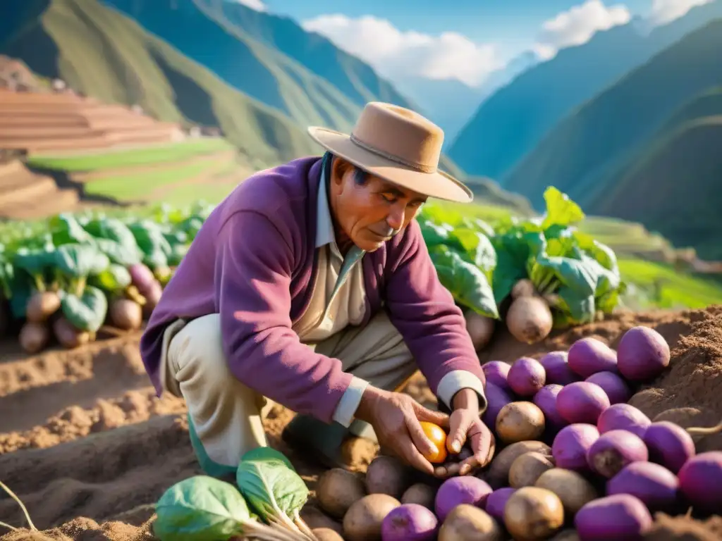 Campesino peruano cosechando tubérculos sango morados en los Andes, resaltando los beneficios del sango en cocina