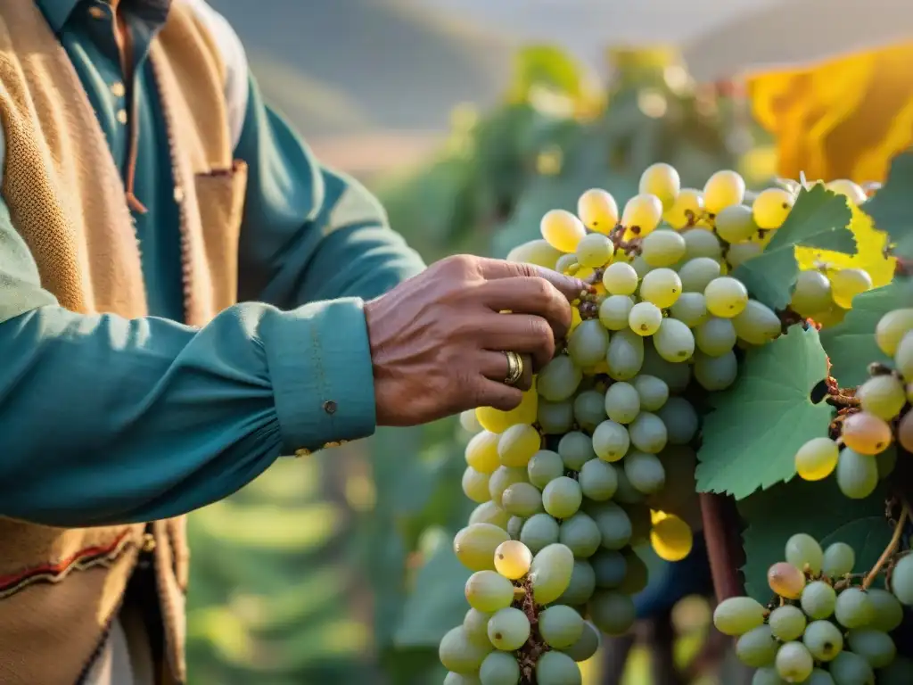 Un campesino peruano selecciona uvas doradas para Pisco, con vestimenta andina y escenario de viñedos