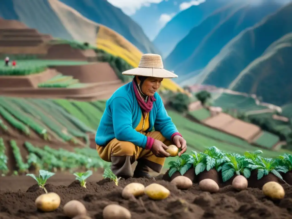 Un campesino peruano plantando variedades de papas en los Andes, resaltando la tradición agrícola y biodiversidad en Perú