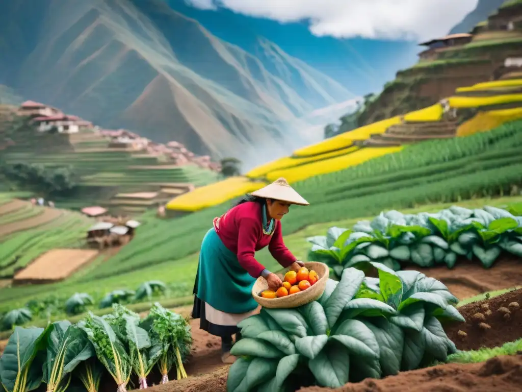 Un campesino peruano cosechando vegetales orgánicos en el Valle Sagrado, capturando la esencia de la cocina sostenible en Perú