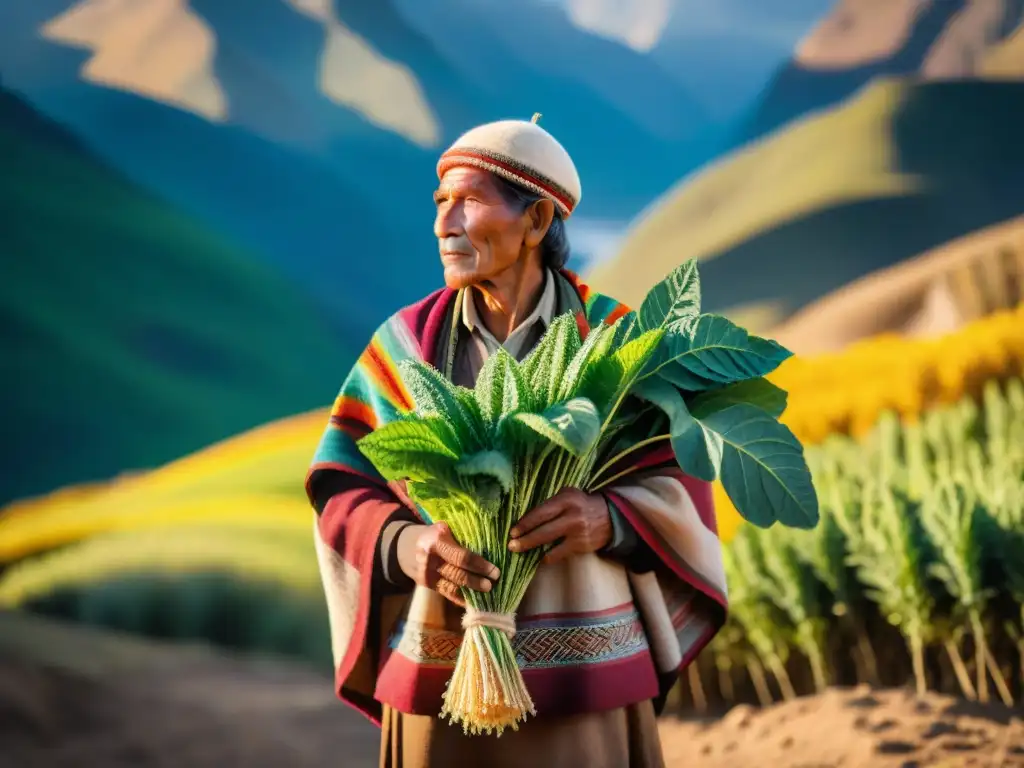 Un campesino Quechua en la hora dorada de los Andes peruanos, cuidando plantas de quinua