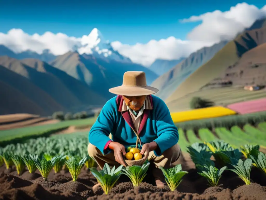 Un campesino quechua siembra quinua y papas en los Andes del Perú, mostrando la conexión espiritual con la tierra