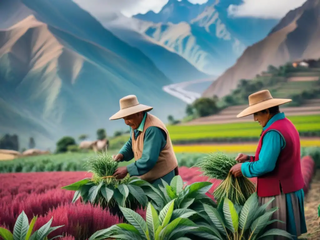 Campesinos andinos cosechando amaranto con los Andes de fondo, destacando la agricultura sostenible