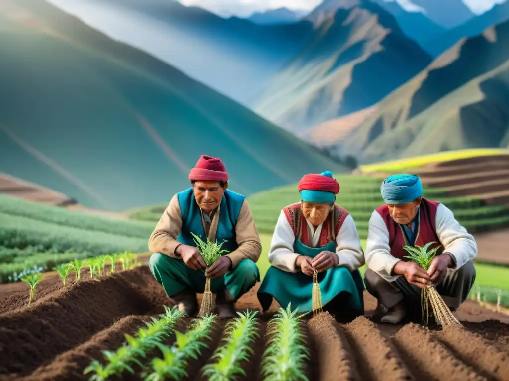 Campesinos andinos en cultivo tradicional de supergranos, sembrando quinoa en los Andes