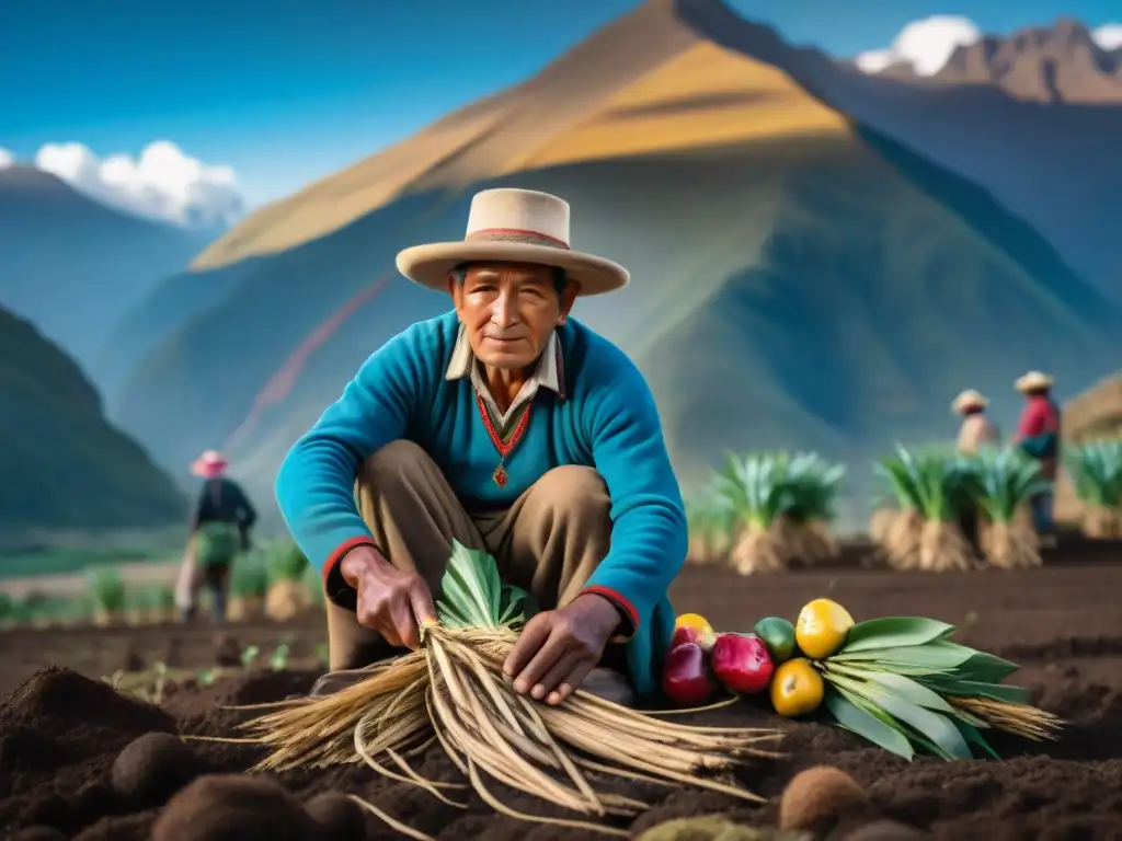 Campesinos andinos cosechan raíces de yacón, resaltando tradiciones ancestrales