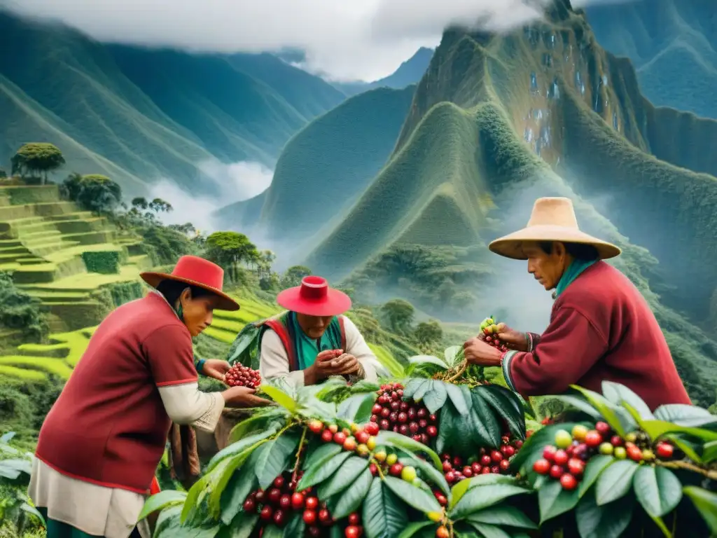 Campesinos indígenas peruanos cosechando café en los Andes en la mañana neblinosa