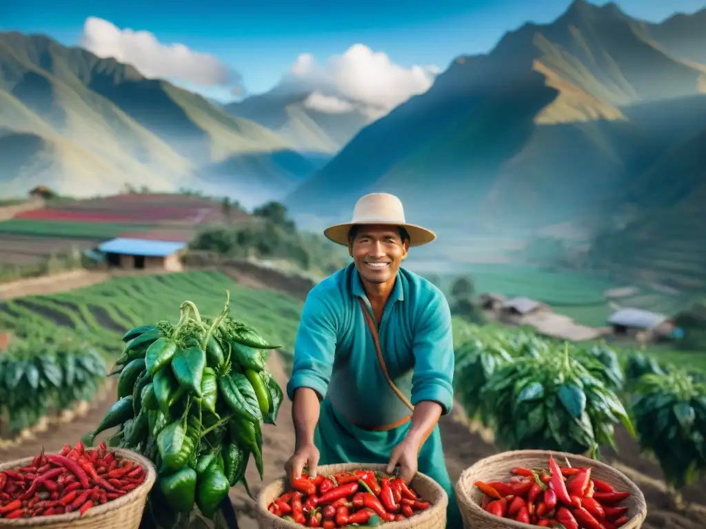 Recolección de ajíes en los Andes: tradición y abundancia Campesinos peruanos cosechando ajíes en los Andes, reflejando los beneficios económicos del ají peruano