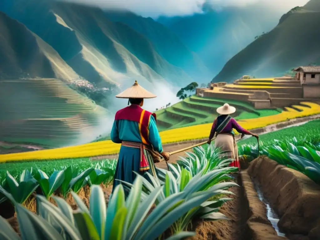 Campesinos peruanos trabajando en un campo terrazado, practicando Prácticas agrícolas sostenibles en Perú