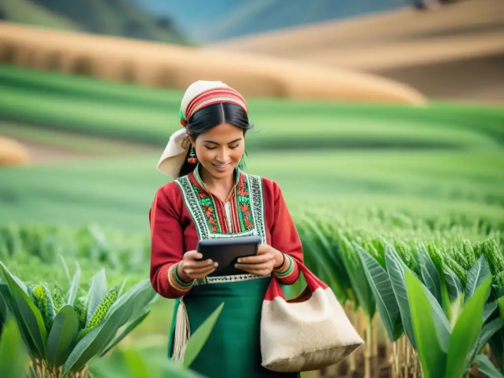 Campesinos peruanos en campo verde, usando blockchain para trazabilidad ingredientes peruanos