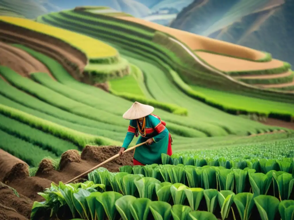 Campesinos peruanos modernos empleando técnicas prehispánicas en campos verdes