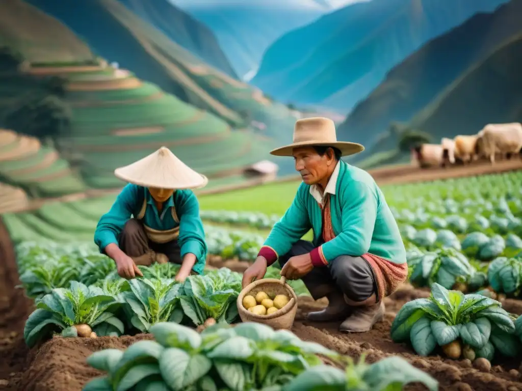 Campesinos peruanos cosechando papas en los Andes